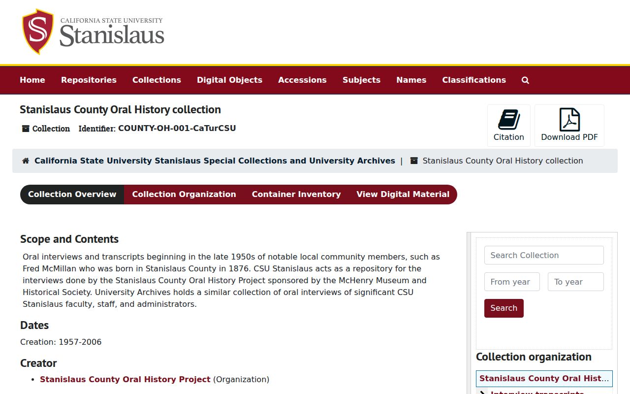Stanislaus County previous residents oral history collection
